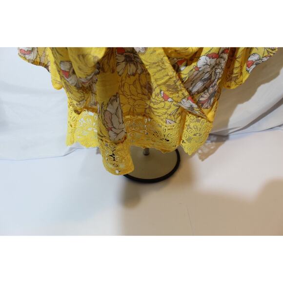 Unique Spectrum Yellow Floral Flare S/S Top Women's 2X Tassels Lace Hem Pullover - Picture 5 of 14